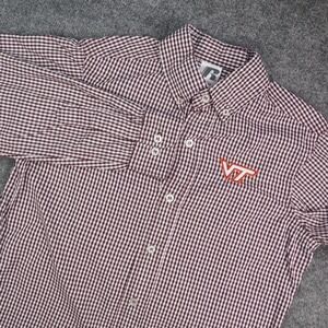 Virginia Tech Shirt Mens Small Russell Maroon White Gingham Plaid Hokies NCAA